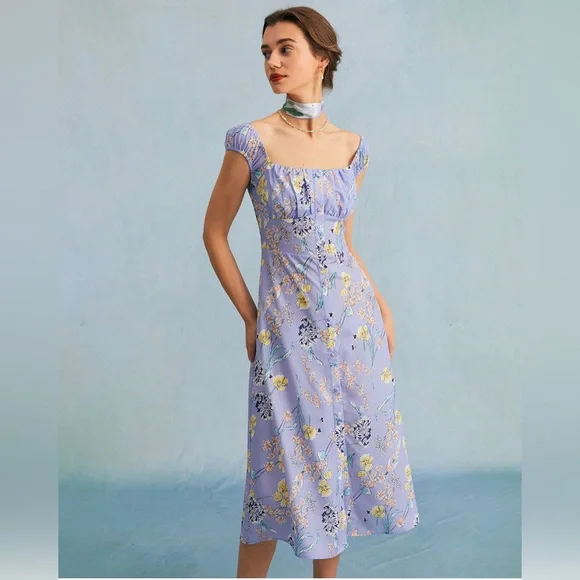 knee length dresses for ladies Orange & White Floral Shirred Midi Dress main image 0